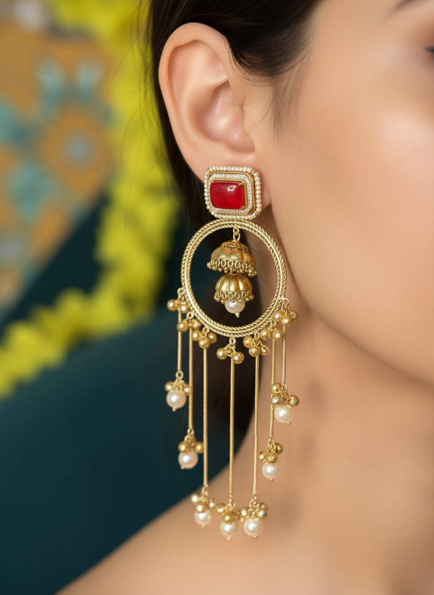 Ruby Square Hoop Jhumka Earrings