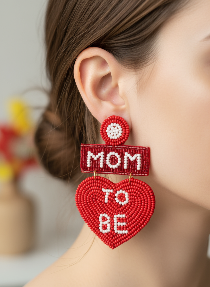 Mom-To-Be Beaded Statement Earrings (Red)