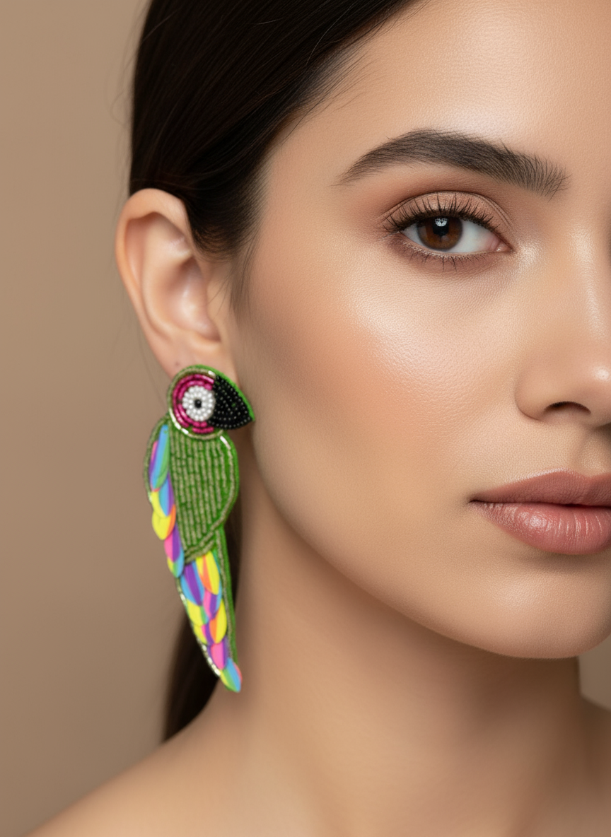 Beaded Parrot Statement Earrings