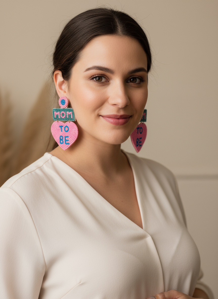 Mom To Be Beaded Earrings (Pink)