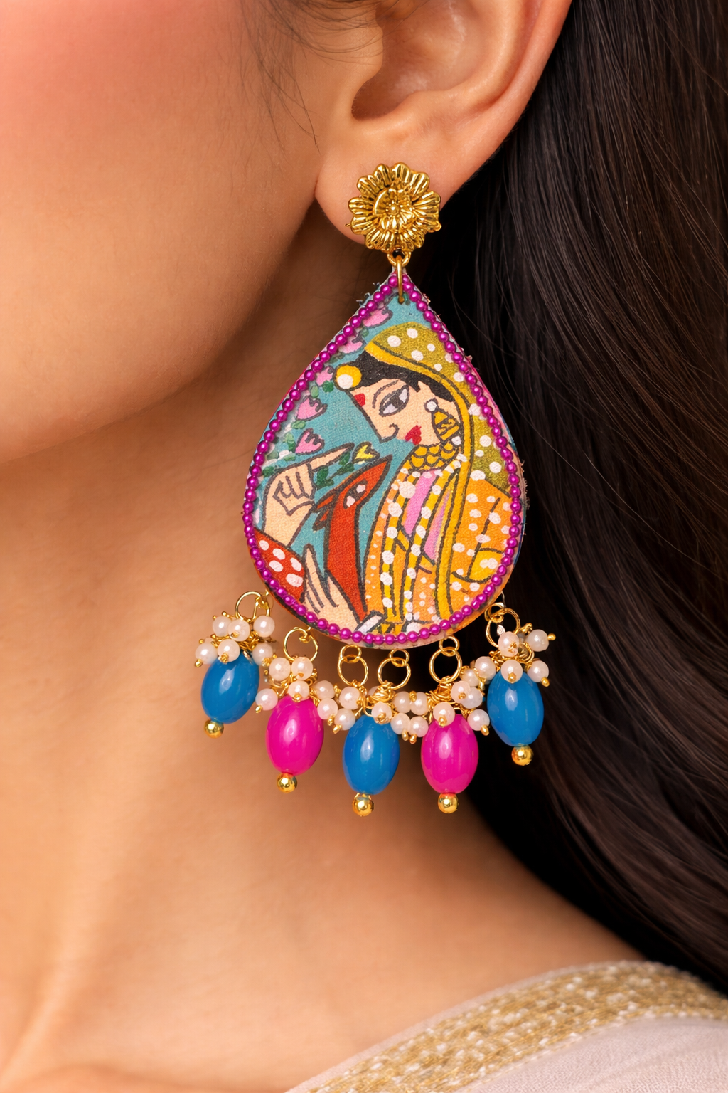 Hand painted Rajasthani Miniature Teardrop Earrings