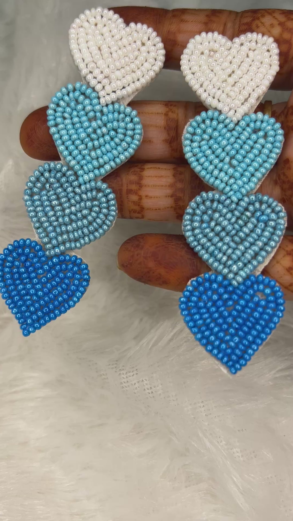 Light Blue Beaded Heart Cascade Earrings