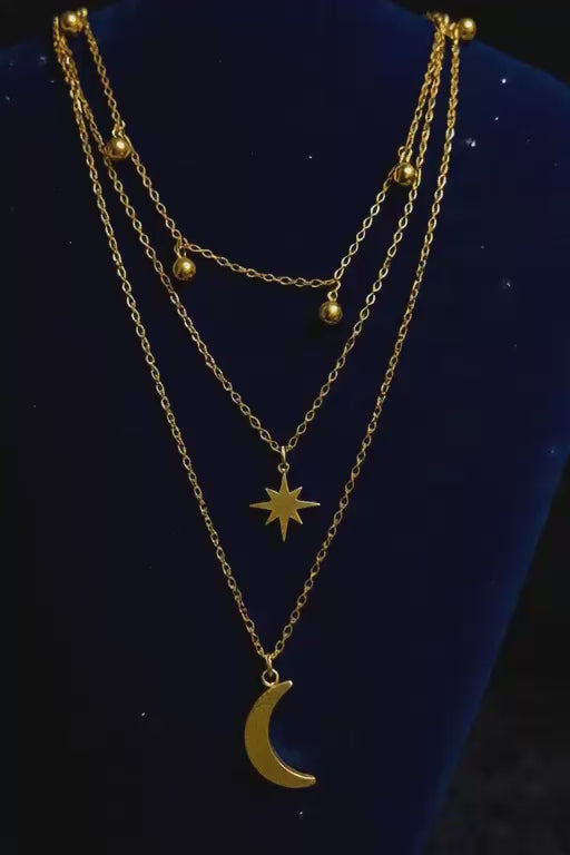 House of Meira Celestial Triple Layer Moon & Star Gold Necklace