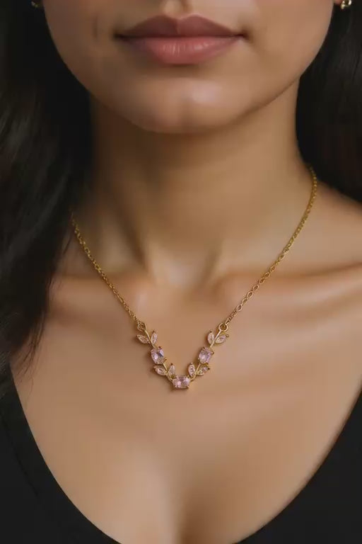 House of Meira Blush Bloom Necklace for Women | 316 Stainless Steel | Pink Crystal Floral Necklace | Anti-Tarnish | Elegant Everyday Jewellery