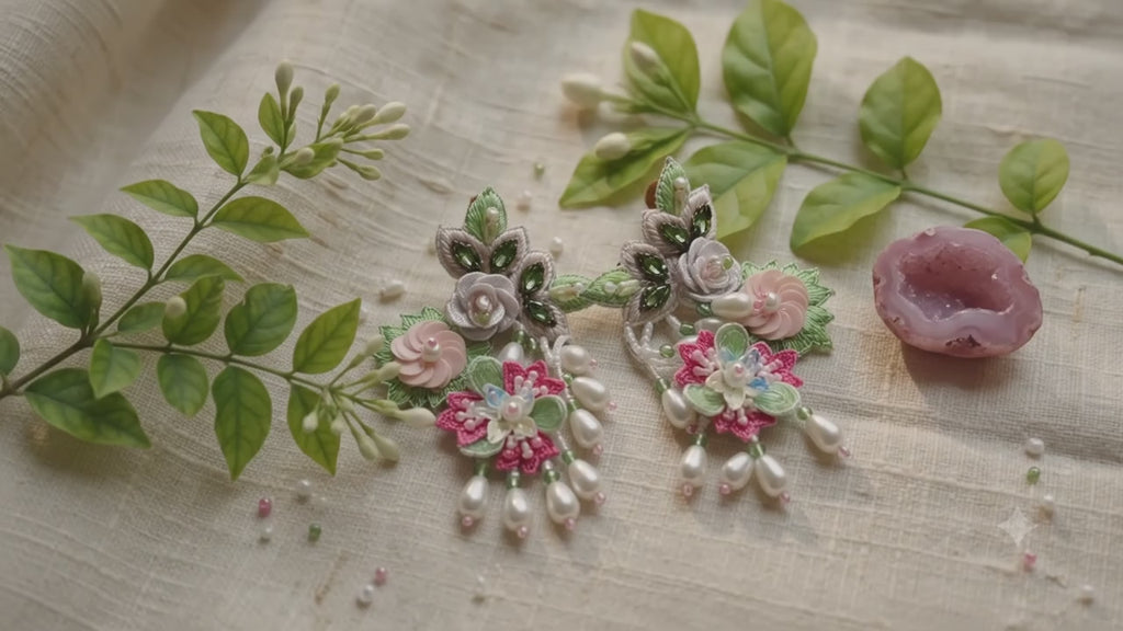 Designer handcrafted Floral Embroidered Statement Earrings